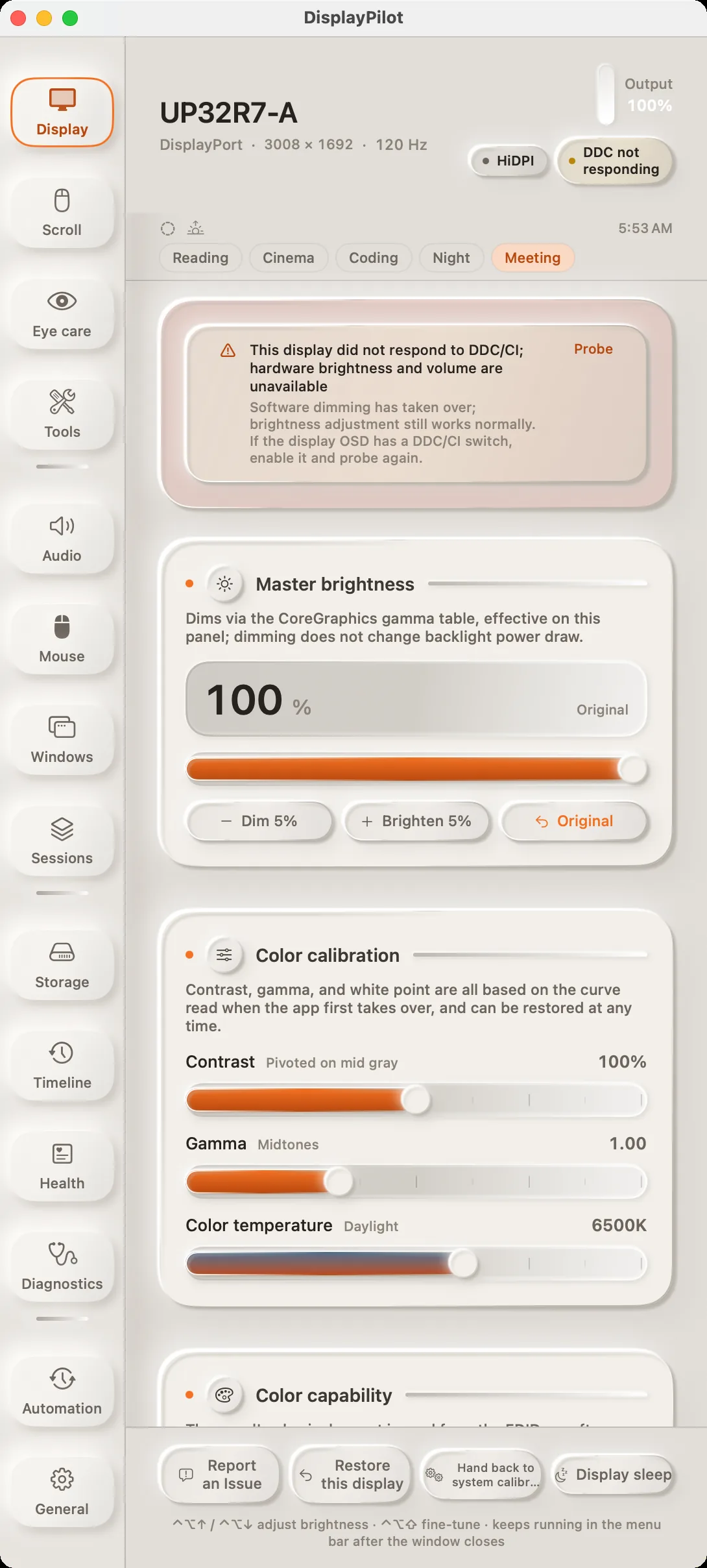 The lower half of the Display panel: the contrast, gamma, and color temperature sliders for color calibration, plus the gamut coverage read from the EDID.
