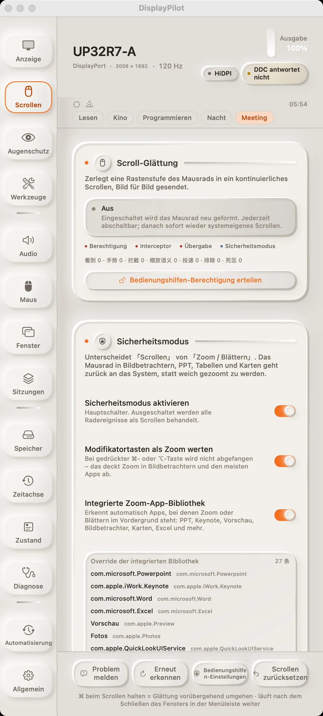 Das Panel „Scrollen“: oben Status der Glättung und vier Live-Zähler, darunter der Schalter für den Sicherheitsmodus und eine Bibliothek integrierter Ausnahmen pro App.