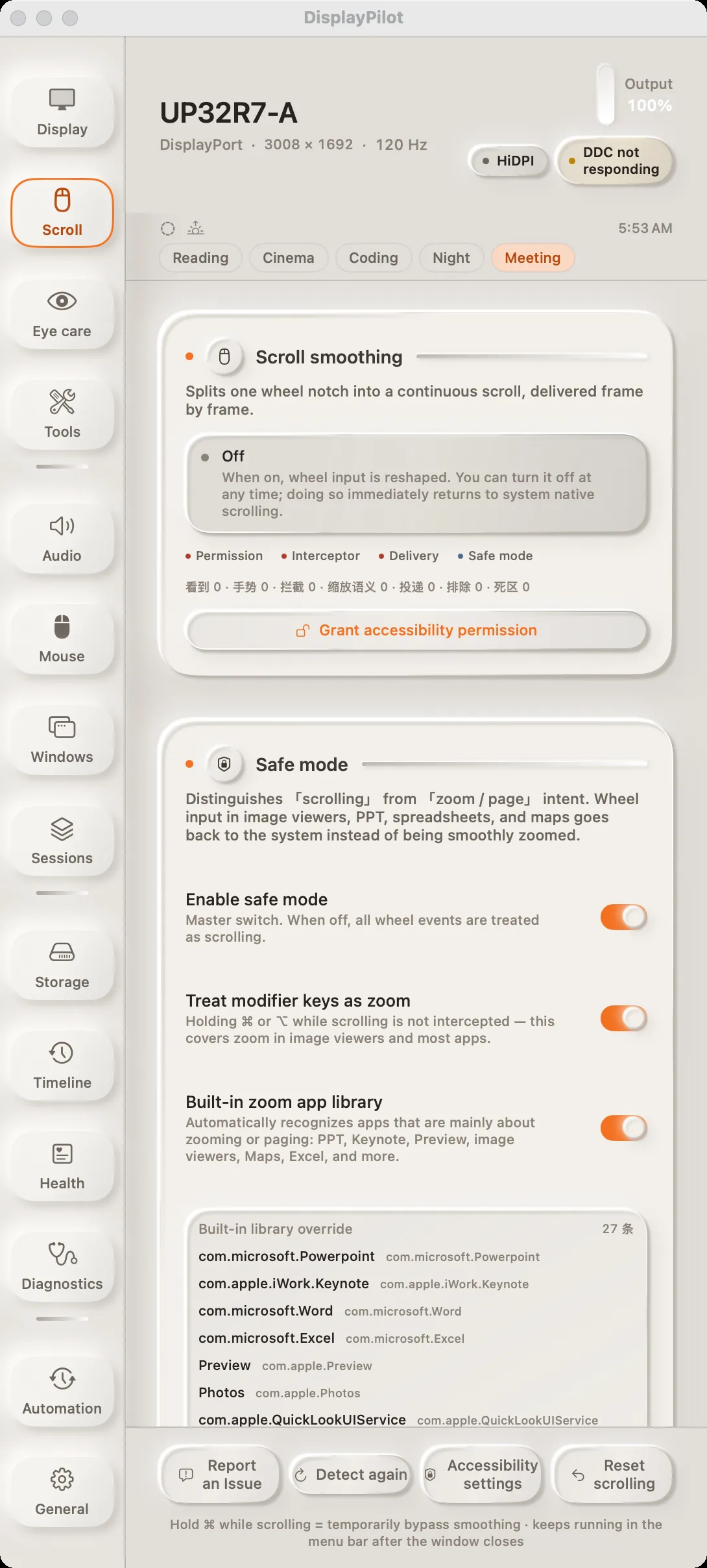 The Scrolling panel: smoothing status and four live counters at the top, the safe-mode switch below, and a library of built-in per-app exceptions.