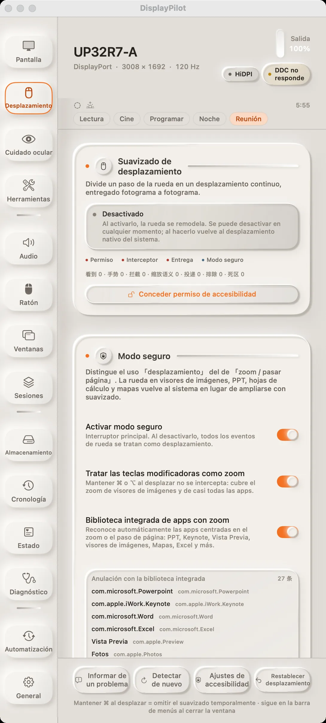 El panel «Desplazamiento»: arriba el estado del suavizado y cuatro contadores en vivo, debajo el interruptor del modo seguro y una biblioteca de exclusiones por app integradas.