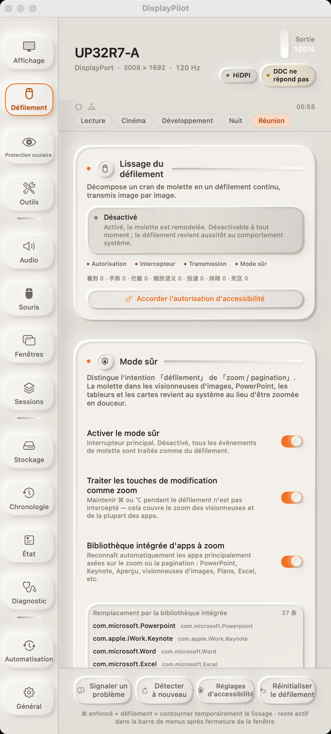 Le panneau « Défilement » : en haut l’état du lissage et quatre compteurs en direct, en dessous l’interrupteur du mode sans échec et une bibliothèque d’exclusions par app intégrées.