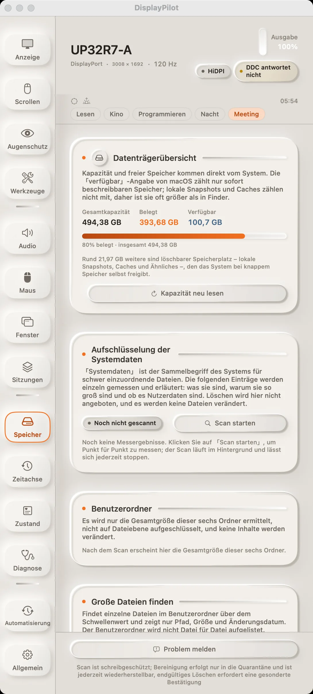Das Panel „Speicher“: Datenträger-Übersicht, Aufschlüsselung der Systemdaten, persönliche Ordner, Suche nach großen Dateien und bereinigbare Elemente — unten der Hinweis, dass der Scan nur liest und die Bereinigung Dateien nur in Quarantäne verschiebt.