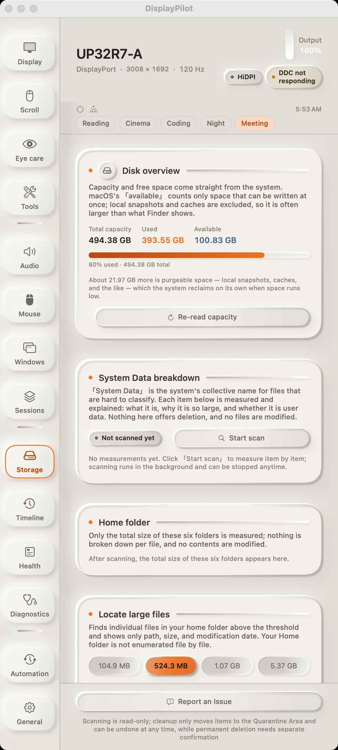 The Storage panel: disk overview, a breakdown of system data, personal folders, large-file discovery, and cleanable items — with a note at the bottom that scanning is read-only and cleanup only moves files to quarantine.