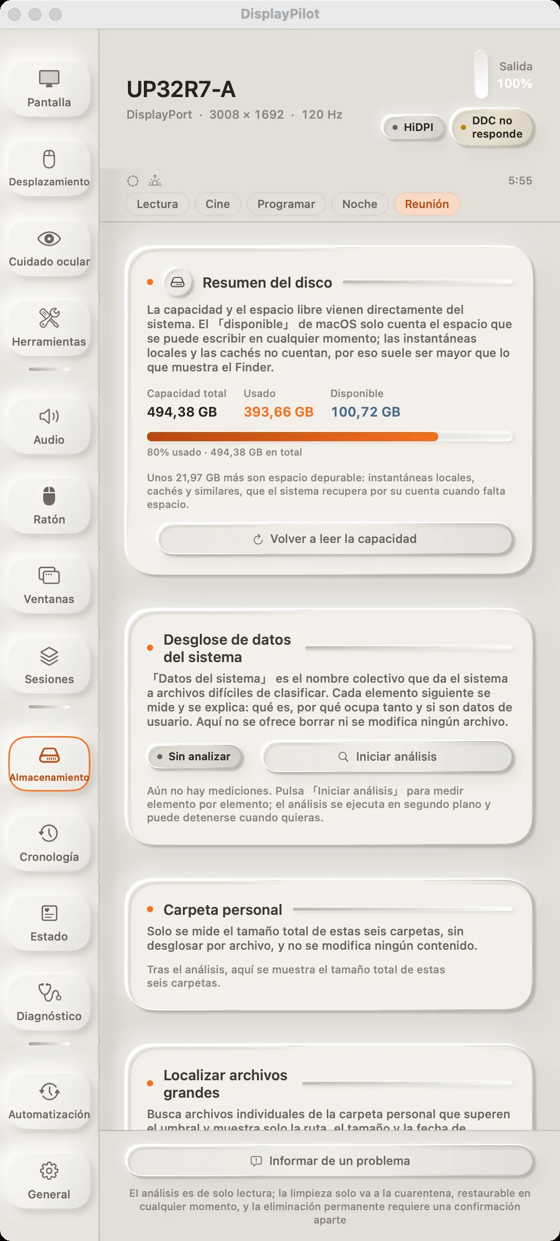 El panel «Almacenamiento»: resumen del disco, desglose de los datos del sistema, carpetas personales, localización de archivos grandes y elementos limpiables, con una nota al pie de que el análisis es de solo lectura y la limpieza solo mueve a cuarentena.